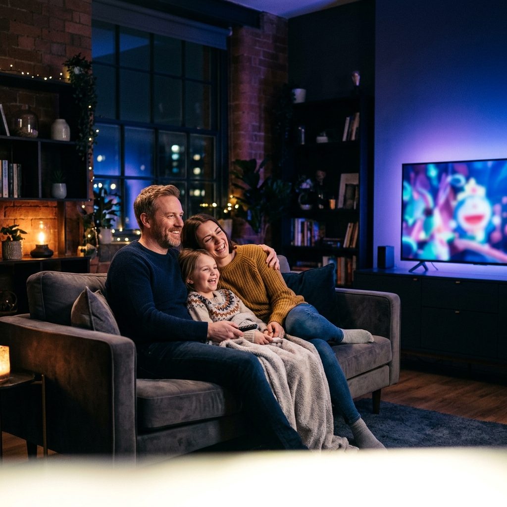 Family watching premium IPTV in Spain on Smart TV